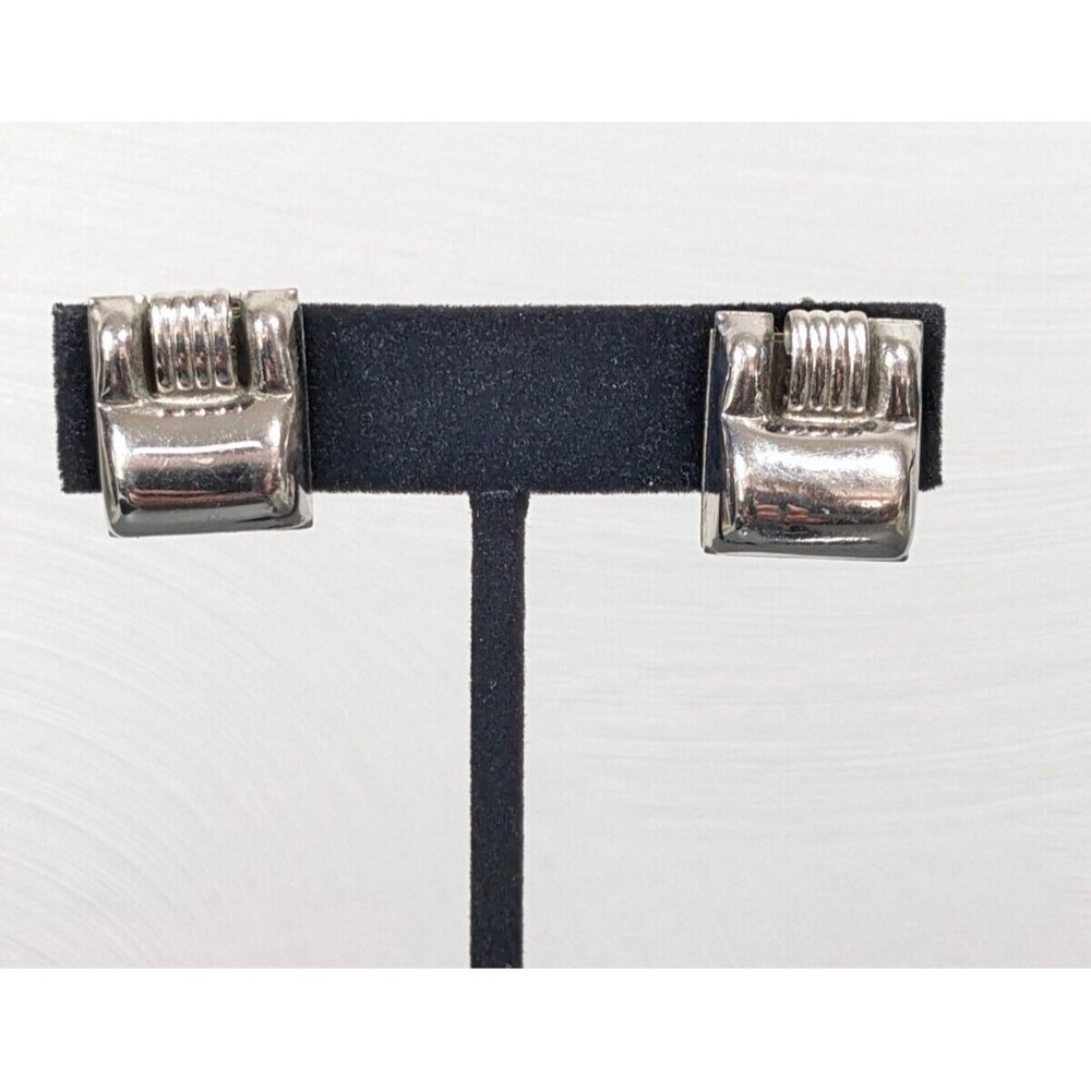 Vintage Silver Tone Square‎ Industrial Style Screw Back Clip Earrings Mod